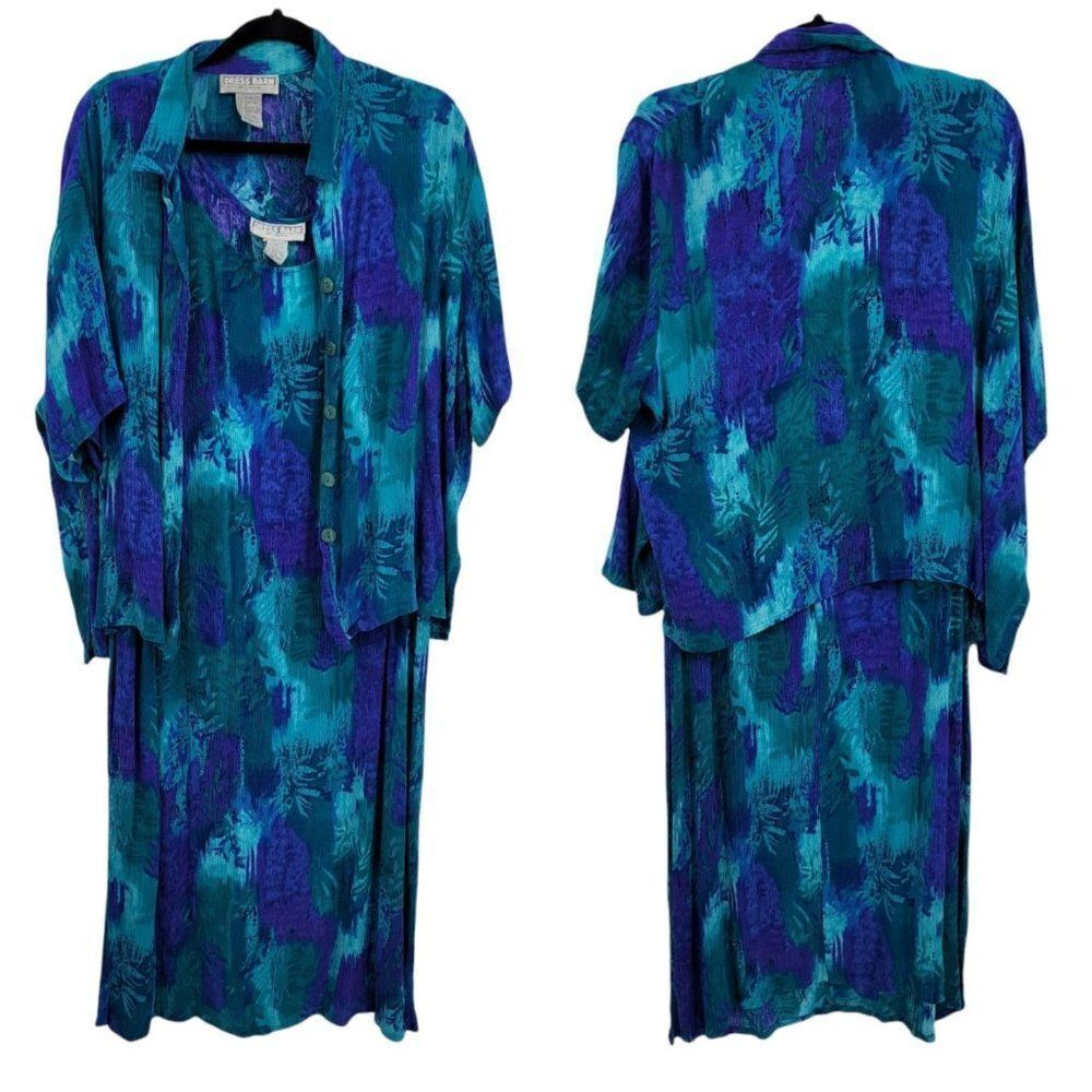 80's Rayon Crinkle Gauze Tropical Watercolor Sleeveless MuMu Dress Set Blue Sz 2
